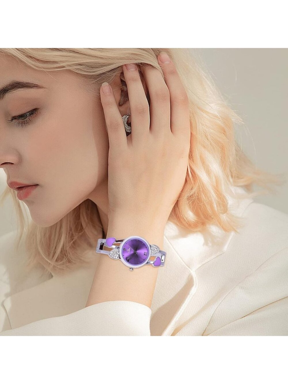 Women's Purple Quartz with Rhinestone Round Dial Stainless Steel Band Cuff Watch - Picture 4 of 5